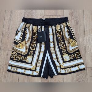 $1150 Mens BALMAIN Foulard Print Viscose Shorts Black/Gold XL